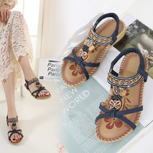 Bohemian 2025 Spring Plus Size Flat Flower Water Diamond Open-Toe Outwear Sandals