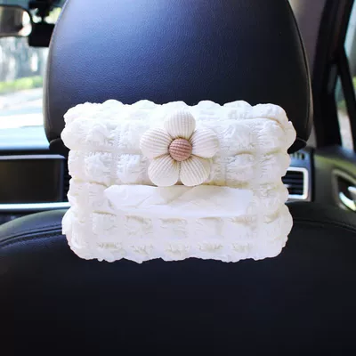 Cute car-mounted tissue box, hanging tissue box set for sun visor, armrest box, car seat tissue hanging bag for women (Car tissue box/set) - beige-flowers