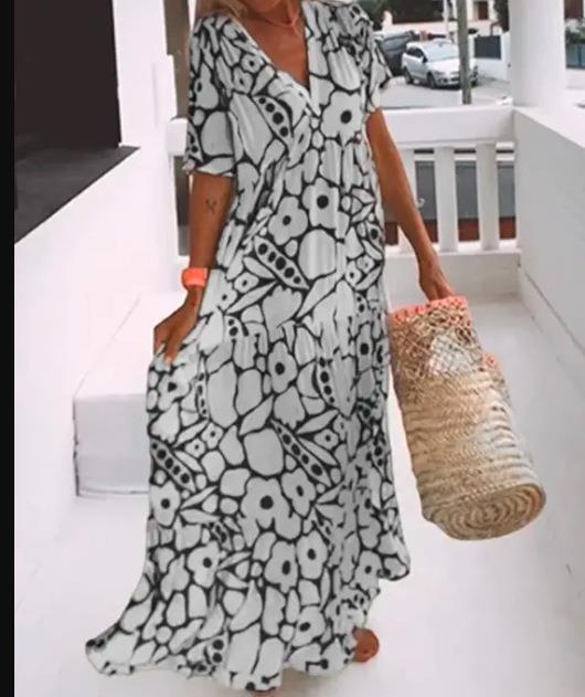 Femmes Robe Régulière Style Simple Col En V Impression Manche Courte Fleur Maxi Longue Robe Du Quotidien Plage display picture 2