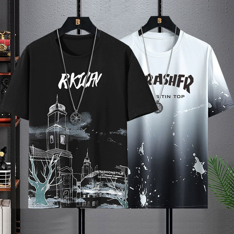 Новая мужская футболка с коротким рукавом 2025 года, быстросохнущая, с градиентным принтом, летняя, из охлаждающего ледяного шелка, свободного кроя, больших размеров, повседневная.