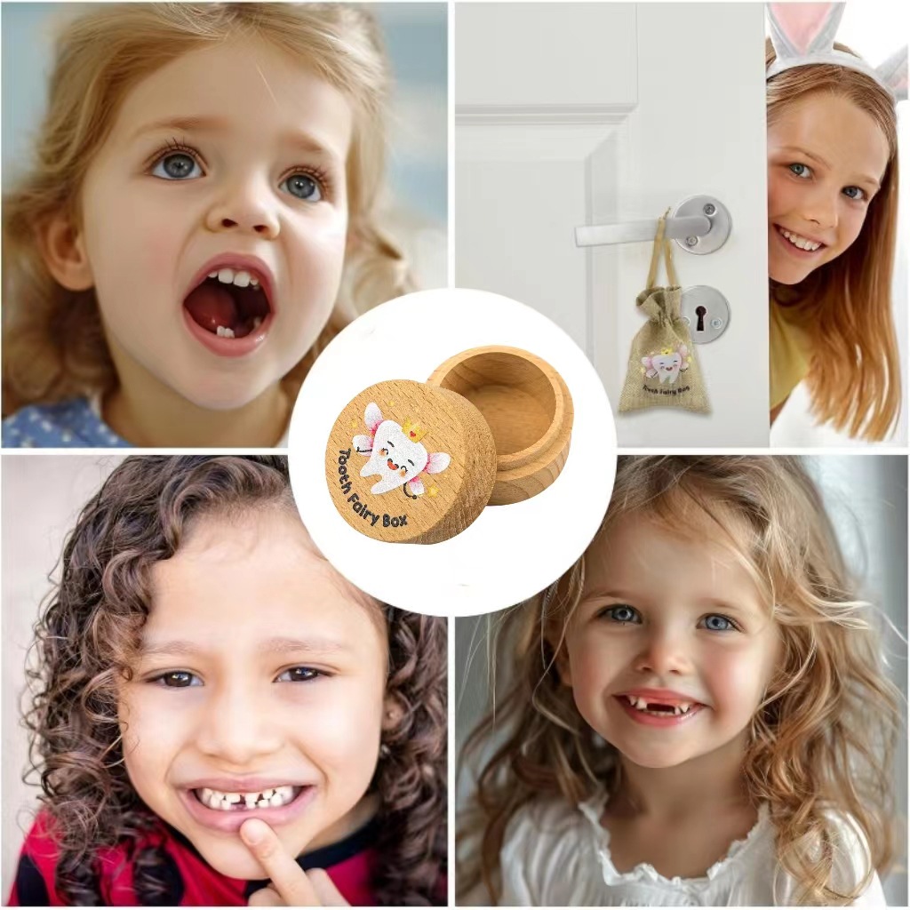 Caja de dientes de leche para niños de madera, caja de cambio de dientes para niños y niñas, caja de almacenamiento conmemorativa de colección de dientes de lanugo para bebés