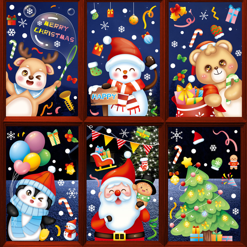 クリスマス装飾雪花ステッカークリスマスツリー老人雪だるまヘラジカ窓貼りパーティー用品クリスマスステッカー静電気|undefined
