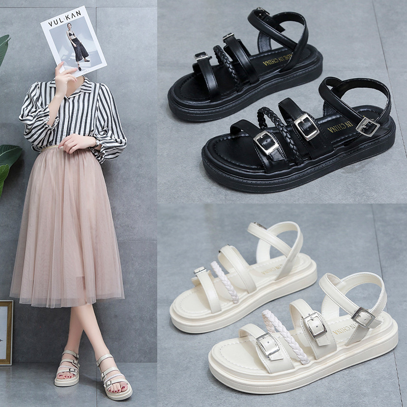 厚底凉鞋女2021夏季新款韩版学生仙女时尚平底复古ins罗马沙滩鞋