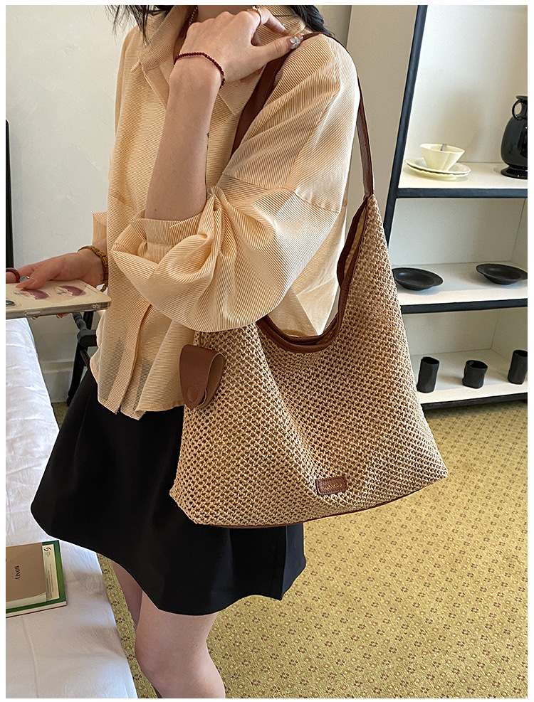 Gewebte Schultertasche Französischer Stil Gestreifte Strohtasche_voghion.com