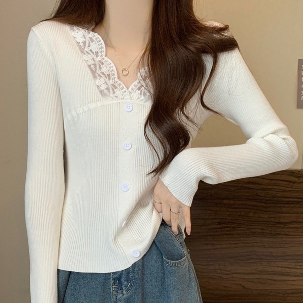Spring, Autumn and Winter High-End Slim-Fitting French Lace Splicing V-Neck Bottoming Knitwear Knitwear Top Spring, Autumn and Winter High-End Slim-Fitting French Lace Splicing V-Neck Bottoming Knitwear Knitwear Top