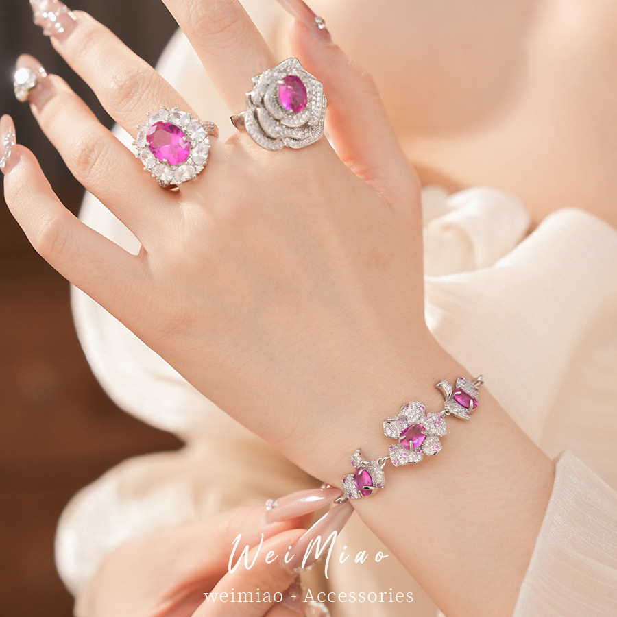 Agujas de plata, pulseras de flores rosadas, anillos, pendientes, pernos de lujo ligero, alta sensación, temperamento dulce, conjunto de joyas