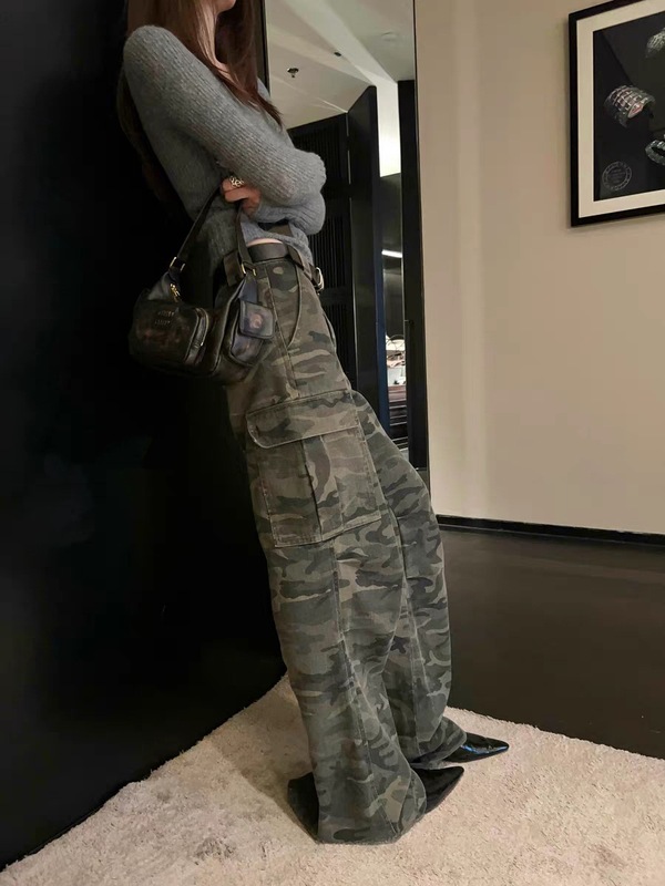 十一石1宝藏迷彩美式口袋工装裤女小个子低腰宽松直筒阔腿休闲裤|undefined