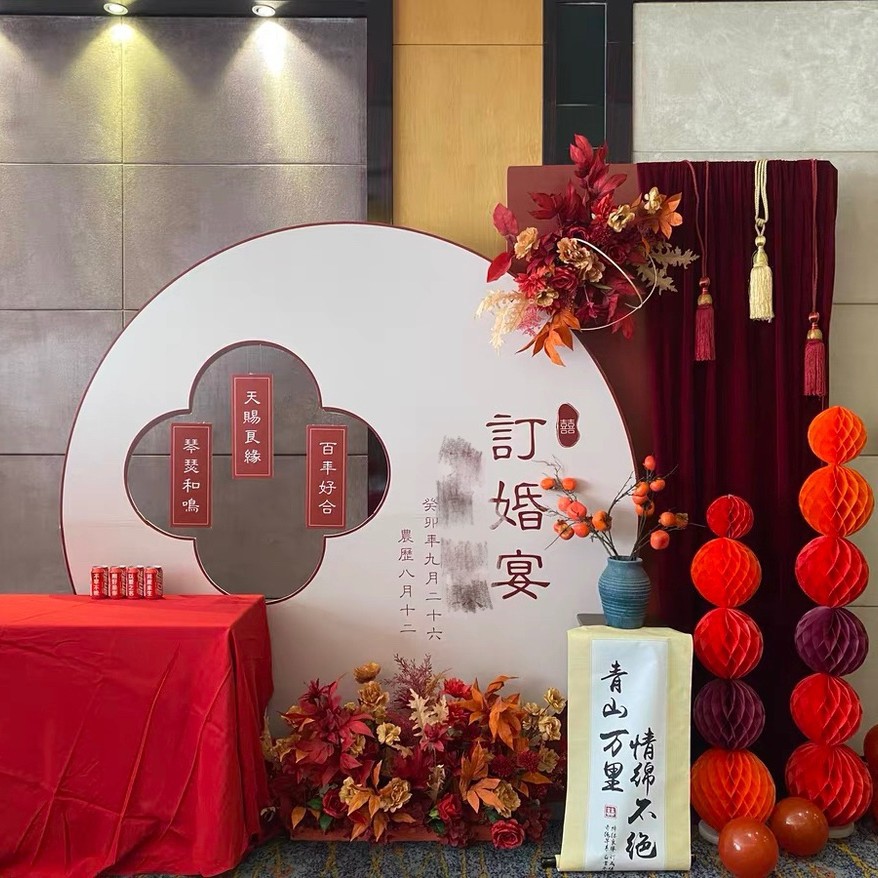 新款婚礼红色花中式订婚新结婚仿真绢花路引花排婚礼舞台背景花艺
