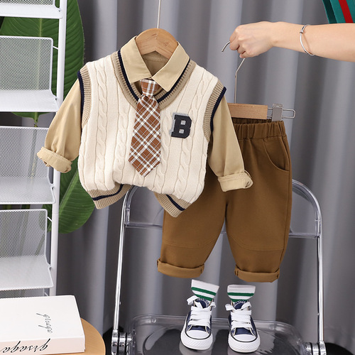 Boys' and Girls' College Style Knitted Vest Set of Three  New Autumn Set Trendy Autumn Outfits Cartoon Set