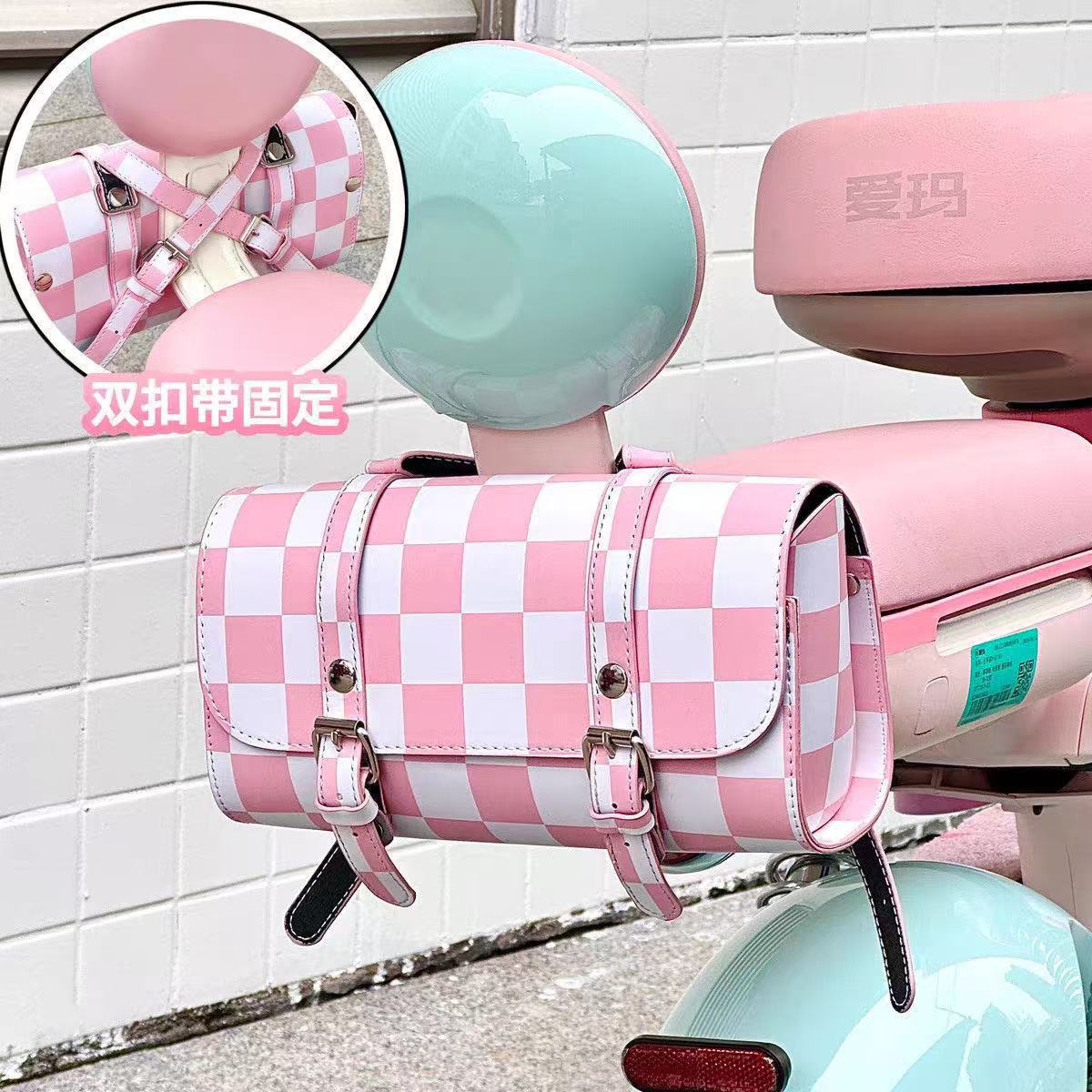 Electric Vehicle Motorcycle Retro Checkerboard Leather Bag Rear Seat Front Bag Waterproof Charger Storage Artifact