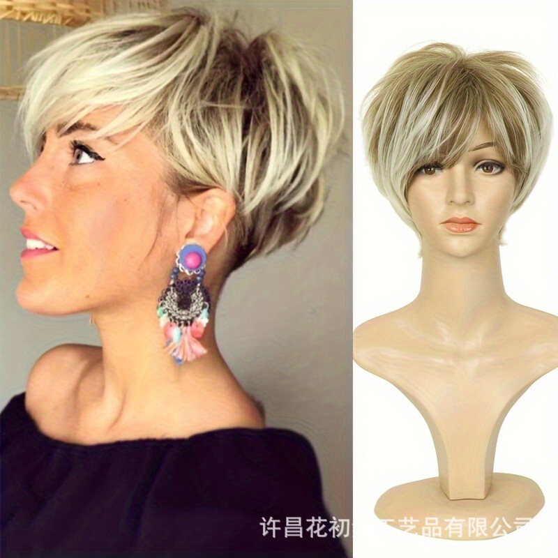 Women's short layered wig, women's short hair wig, bangs artificial wig (golden and brown mix) Women's short layered wig, women's short hair wig, bangs artificial wig (golden and brown mix)