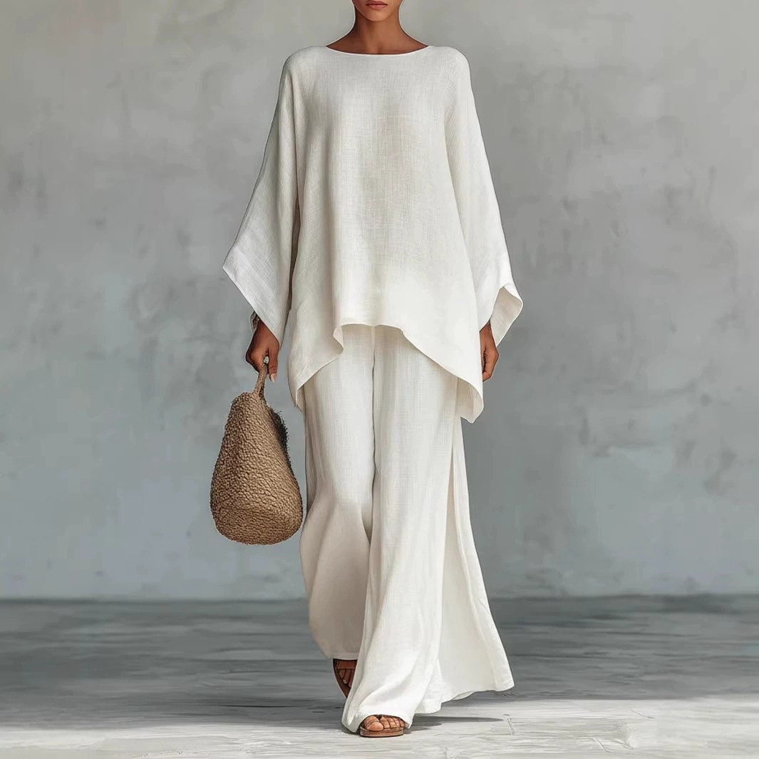 In-Stock 2026 European and American Cross-Border New Style Women's Simple Loose Linen Blend Shirt and Wide-Leg Pants Set in White