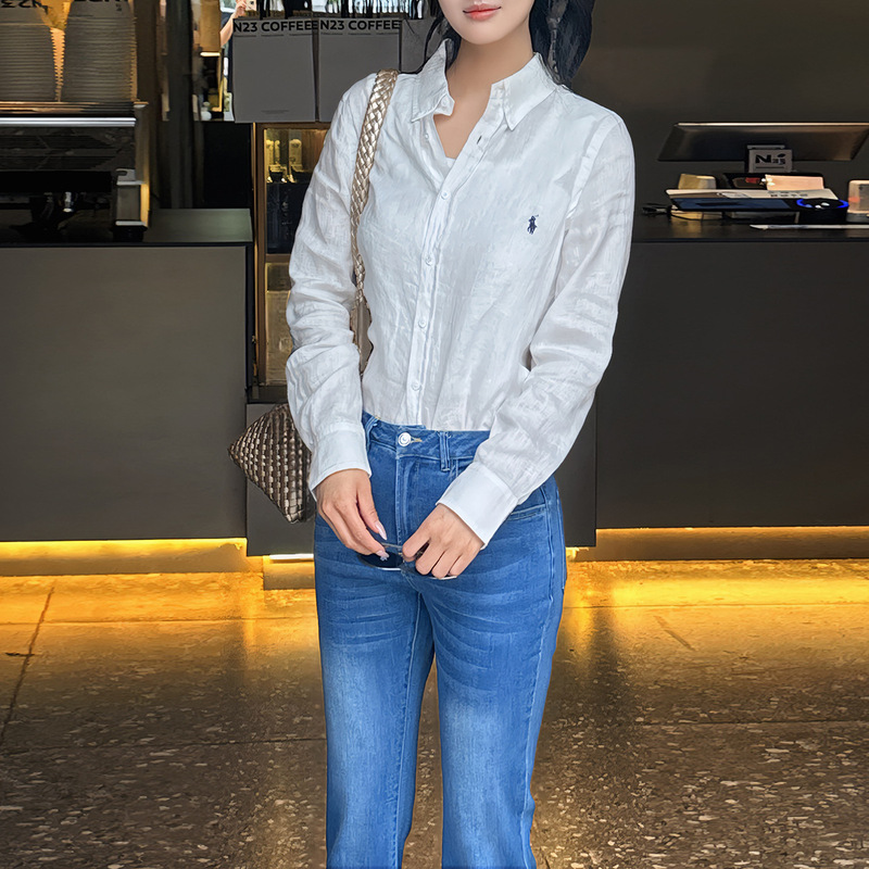 Daily ~ excellent version! Linen Korean Style White Simple Embroidered Light Oxygen Long Sleeve Shirt Women's Spring Casual