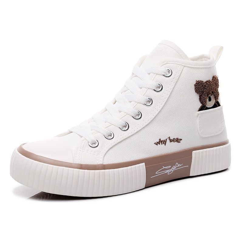 Pocket high top bear canvas shoes for women spring and summer new ins casual small white shoes flat student soft sole single shoes