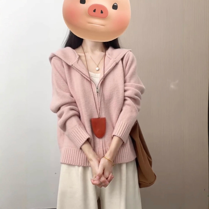 Pink Hooded Knit Sweater for Women, Summer and Autumn 2025, Spring Zip-Up, Soft and Cozy Outerwear Cardigan