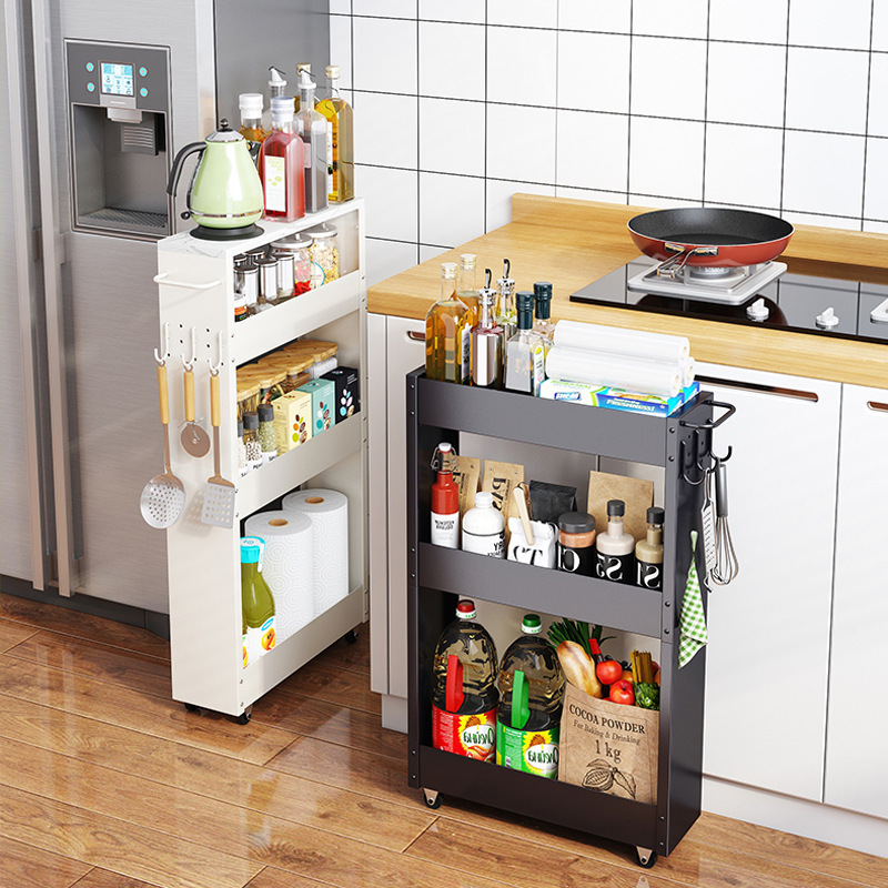 Kitchen Floor-To-Ceiling Perforated Board Sandwich Cabinet Carbon Steel Layered Pull-Out Spice Bottle Storage Rack Bathroom Storage Rack