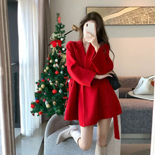 红色女装时尚双面羊绒大衣毛呢外套圣诞新年战袍高级感冬装