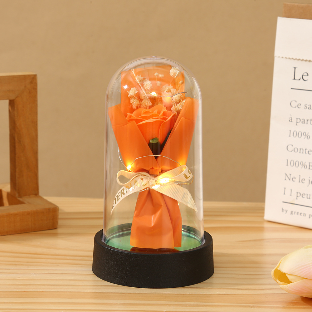 跨境新款毕业季玫瑰花亚克力罩花束永生花发光创意实用摆件小礼品