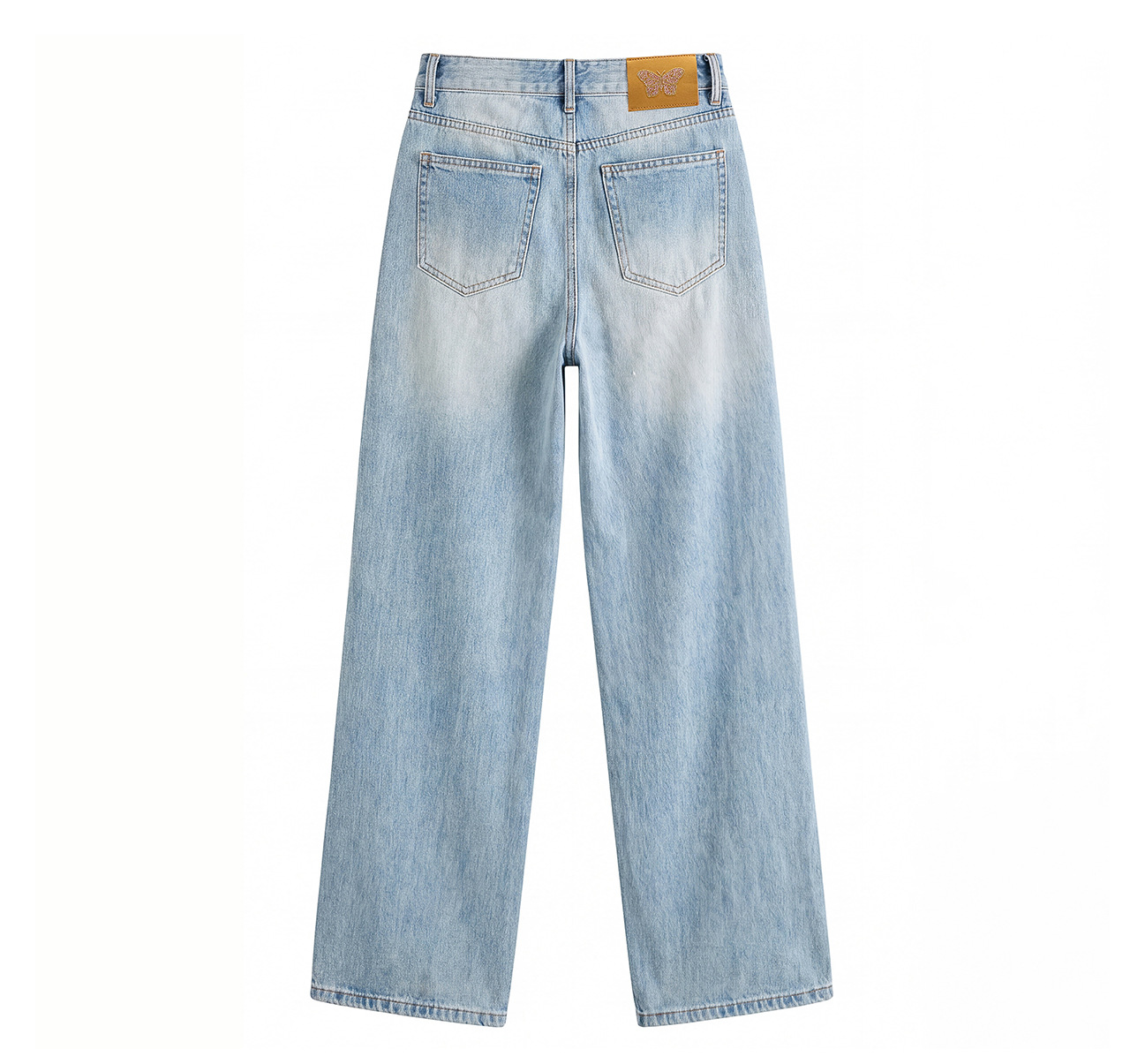Quần jean nữ ống rộng cạp cao, chất cotton phối bướm đính đá và rách thủng — xanh lam chi tiết 25