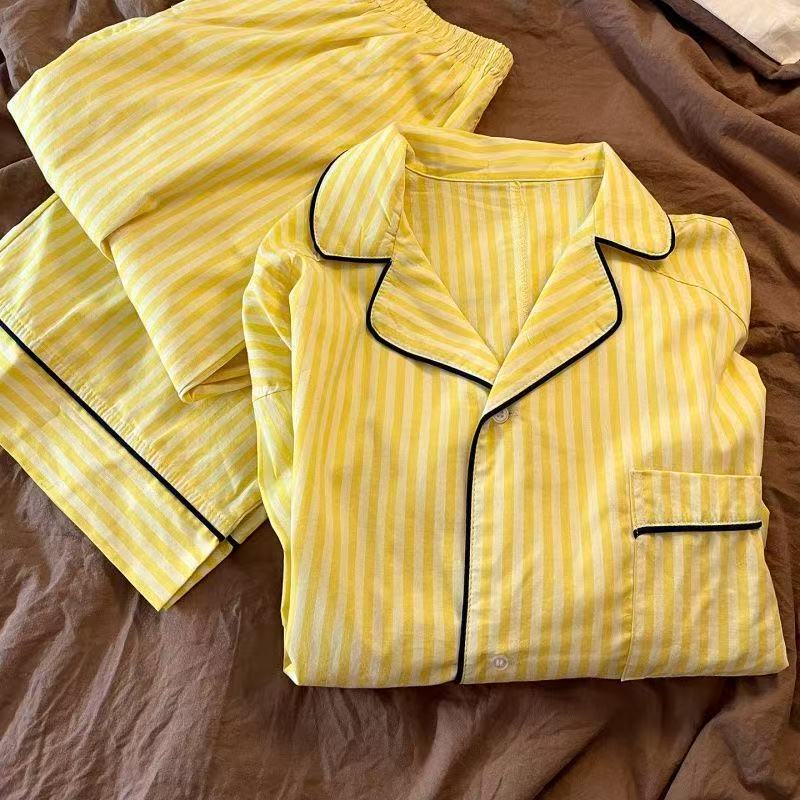 Japanese-style light yellow striped long-sleeve pajamas for women, spring and autumn 2026 new model, simple and sweet casual home wear two-piece set Japanese-style light yellow striped long-sleeve pajamas for women, spring and autumn 2026 new model, simple and sweet casual home wear two-piece set