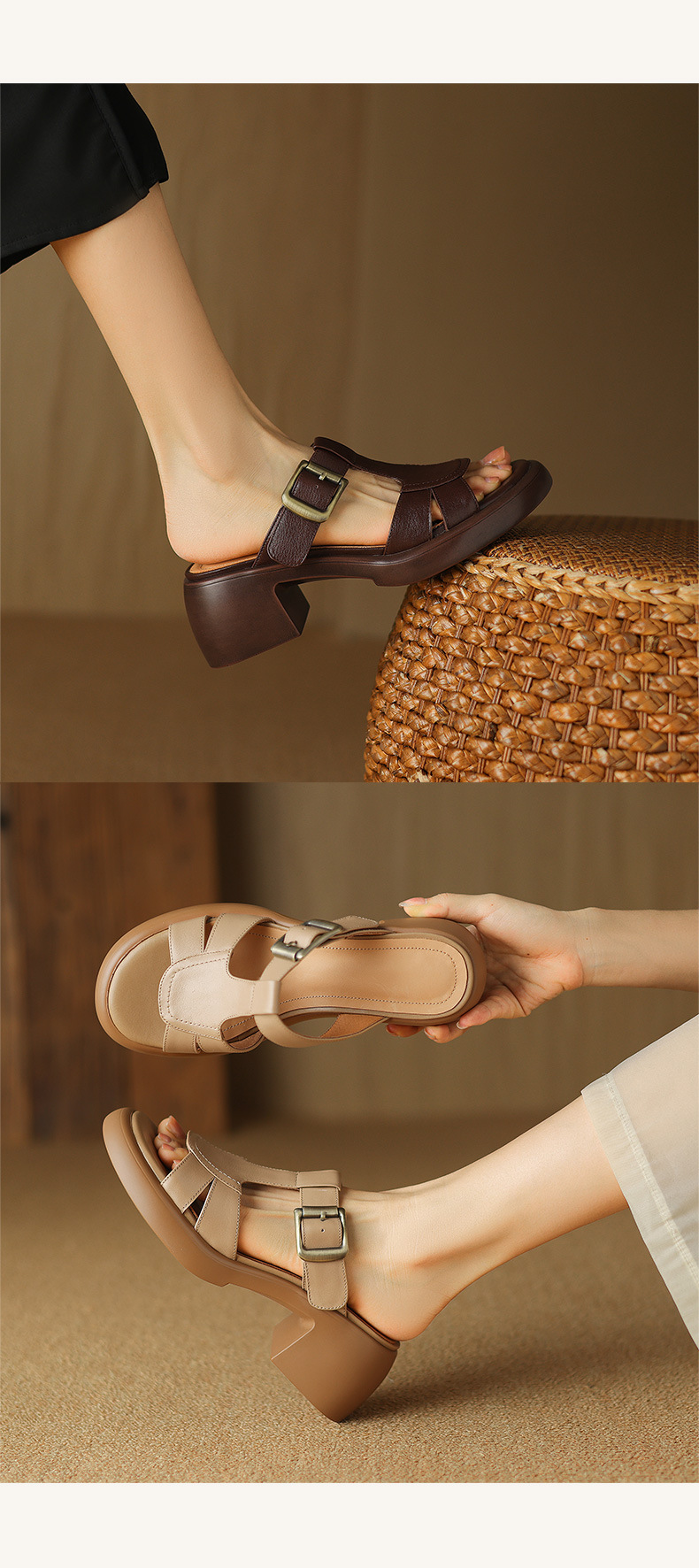 Sandal nữ hở mũi quai chữ T đế cao gót 6 cm, da mềm phong cách La Mã — màu nâu chi tiết 9
