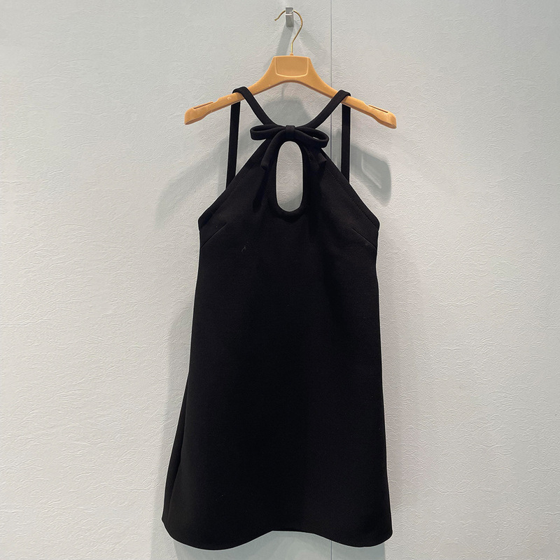 socialite daughter sexy backless black hanging neck skirt miu style bow design short bottoming dress autumn