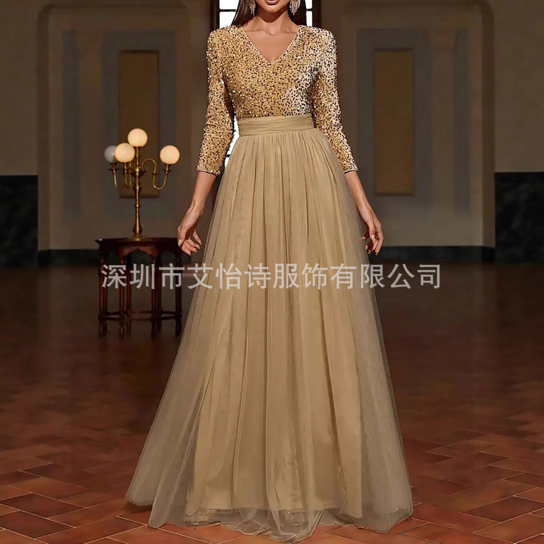 New Cross-Border Evening Dress with Gold Sequins, Mesh Patchwork, V-Neck Long Gown for Banquet Host