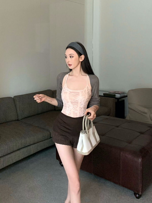纯欲风套装U领蕾丝吊带内搭长袖披肩外搭高腰修身包臀短裤子女装|undefined