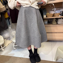 韩国卡其灰羊毛呢花苞半身裙女2025秋冬新小个子显瘦中长蓬蓬伞裙