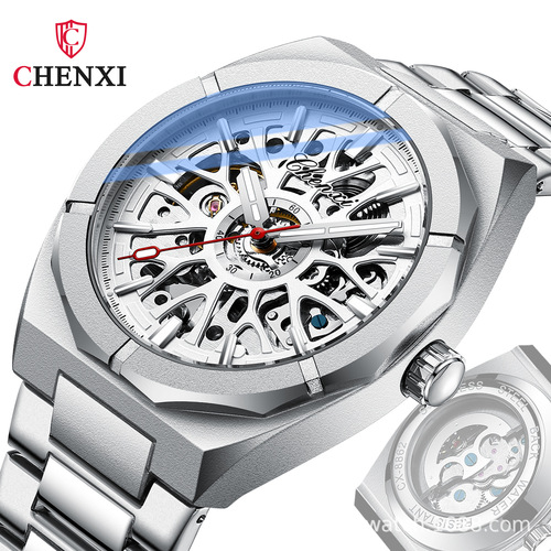 CHENXI/Morning Skeleton Men's Fully Automatic Mechanical Watch Cross-Border Luminous Waterproof Steel Band Mechanical Watch