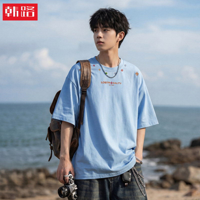 Ethnic Style Printed Pure Cotton Short-Sleeved T-Shirt for Men, New Summer Style, Loose-Fitting, American Retro Casual Trendy Brand Round-Neck T-Shirt
