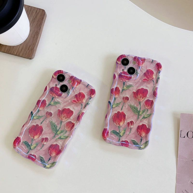 Защитный глянцевый чехол для телефона, совместим с iPhone 12–15, полноэкранный принт тюльпанов