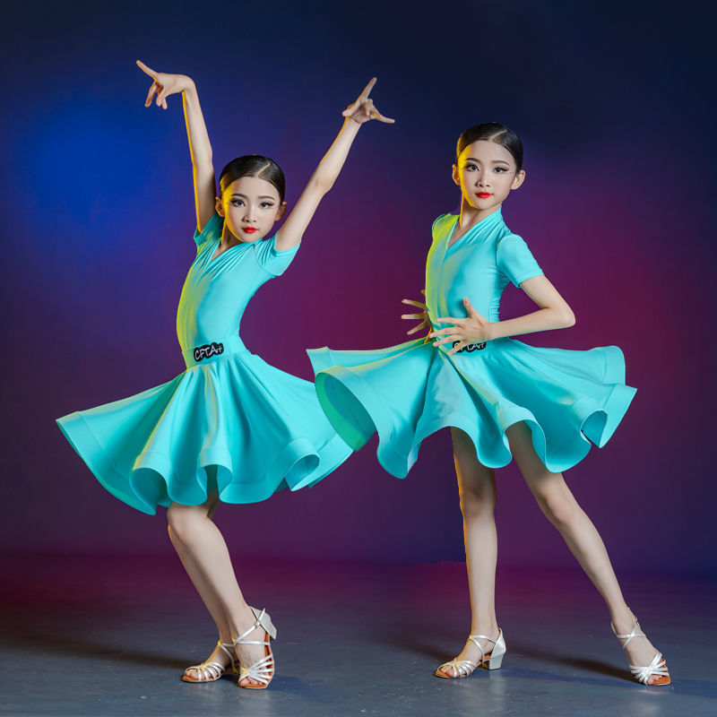 Children girls latin dance dresses yellow purple turquoise Latin dance suit girls ballroom dance show clothing professional game rules dance skirt