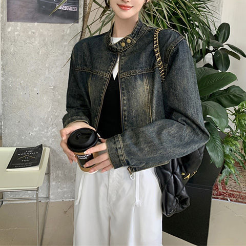 法式复古做旧立领牛仔外套女2025秋季新款小个子拉链短款工装夹克|undefined
