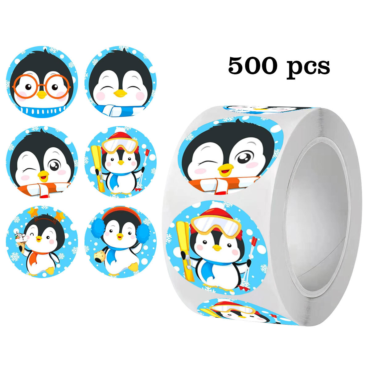 500贴/卷跨境贴纸可爱卡通企鹅卷装贴纸圆形礼物包装饰贴画不干胶