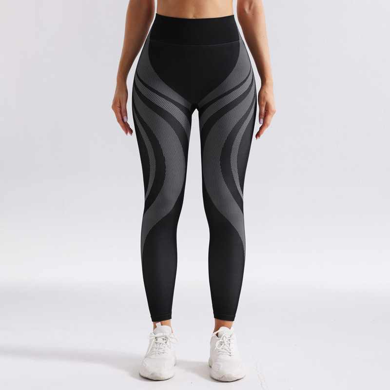 2025 pantalones de yoga de color de contraste de cintura alta transpirables sin costuras para mujer pantalones de ropa de yoga deportiva a rayas largas con cadera ajustada