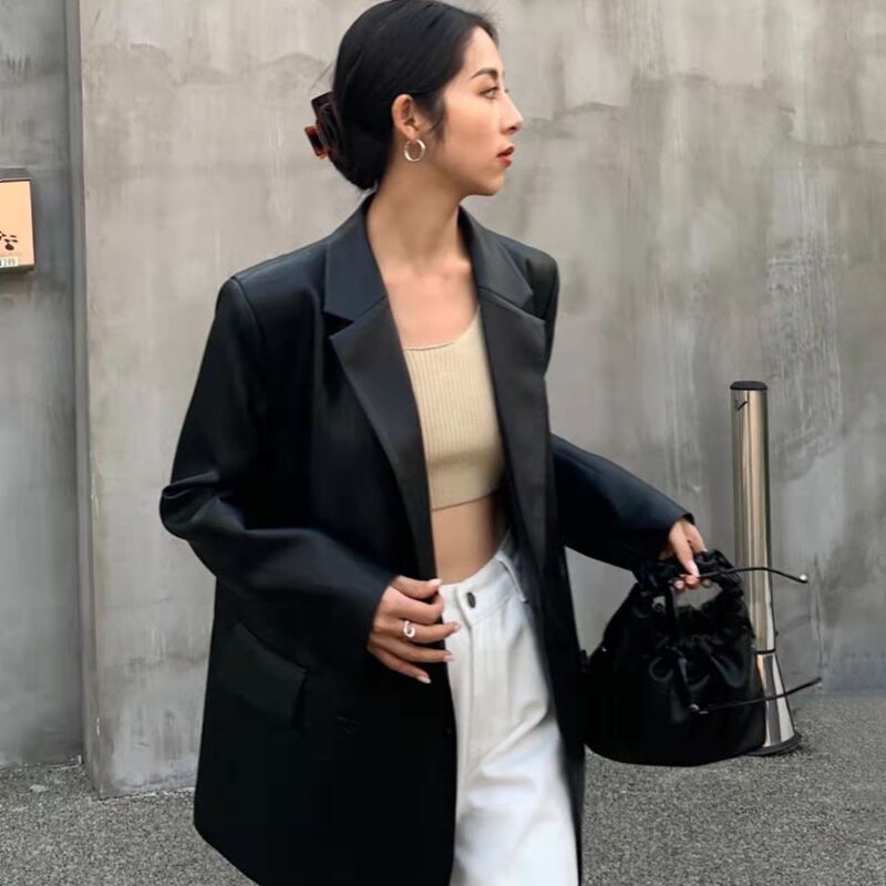 2025 Spring and Autumn New PU Wash Leather Black Leather Suit Jacket Women's Sense Fried Street Loose Casual Suit 2025 Spring and Autumn New PU Wash Leather Black Leather Suit Jacket Women's Sense Fried Street Loose Casual Suit