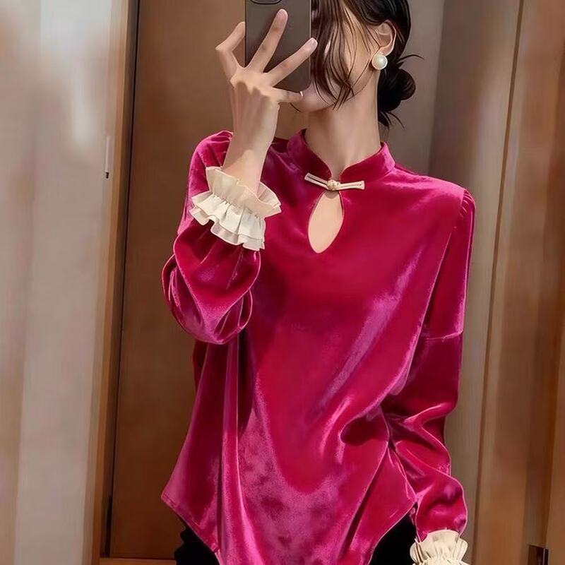 New Chinese-Style Peach Pink Velvet Shirt for Autumn and Winter, Suitable for Layering or Wearing Alone, Traditional Chinese Style Improved Hanfu Top with Button Closure