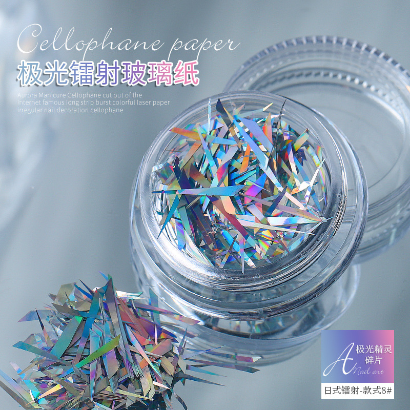 Aurora elfo fragmentos irregulares celofán Corte libre tira flash colorido láser papel uñas pegatina al por mayor