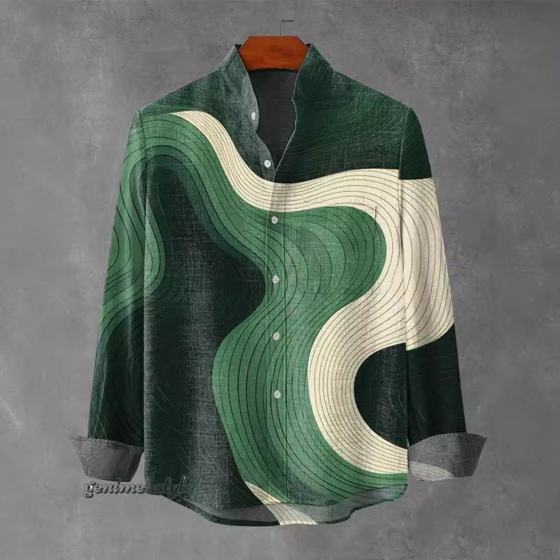 Cross-Border Men's Stand-Up Collar Long-Sleeved Shirt with Irregular Stripes and 3D Printing, Southeast Asian Style Gentleman Fashion Long-Sleeved Autumn Wear