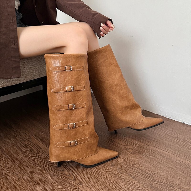 European and American 2026 Autumn and Winter New Retro Pleated Fashion Boots for Women, Long Western Cowboy Boots, High-Heeled Skinny Bootcut Boots