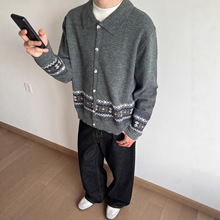 美式复古费尔岛针织开衫毛衣男秋季休闲慵懒风小众翻领针织衫男潮