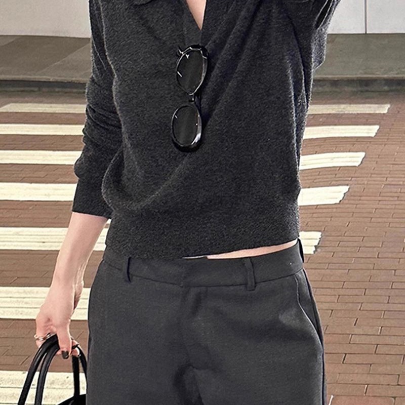 深灰色老钱风针织衫女春秋穿搭感polo衫秋季2025新款长袖上衣