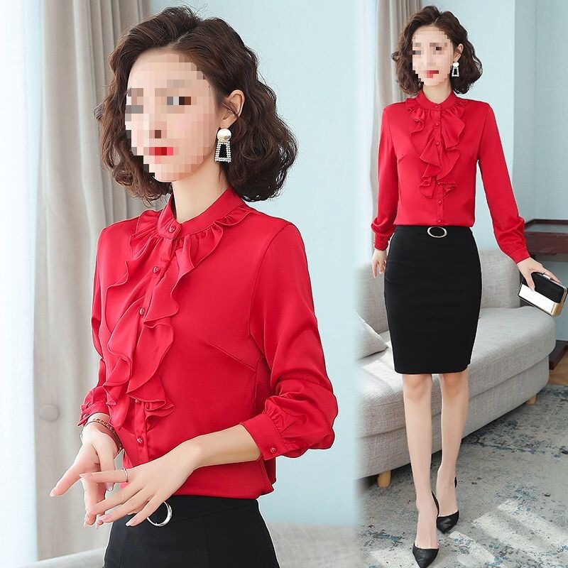 2026 Spring and Autumn New Style Stand Collar Lace Long Sleeve Korean Style Shirt for Women, Stretch Slim Fit, Slimming Ruffled Edge Blouse