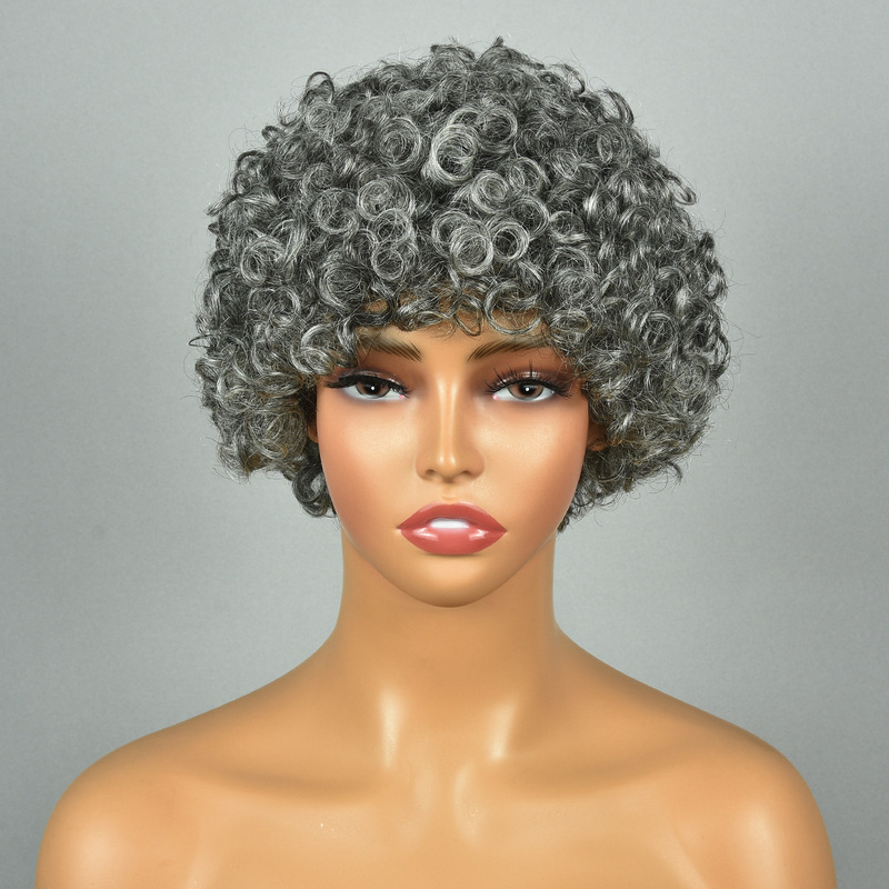 Mechanism real human hair elf curly grandma gray wig head cover cross-border direct sales