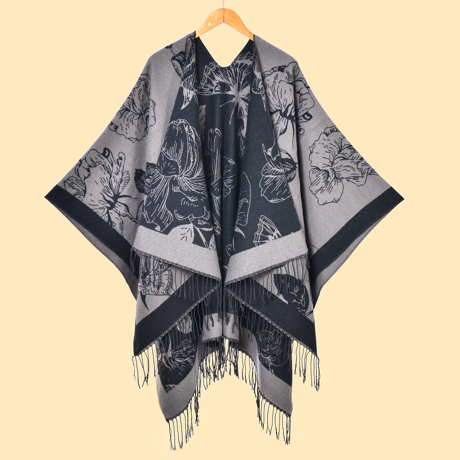 Nueva moda femenina europea y americana, flores grandes, borlas, puntas abiertas, capa de chal cálido de doble cara, venta caliente transfronteriza, capa de cachemira de imitación