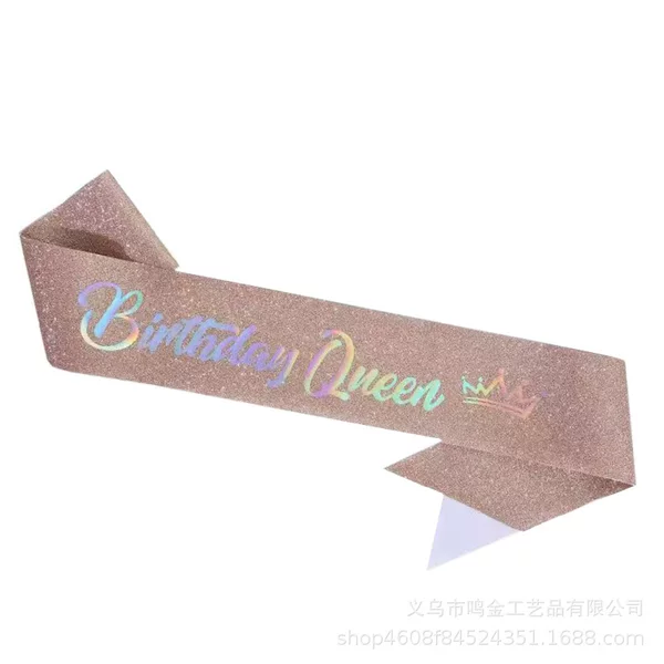In-Stock Birthday Party Shoulder Ribbon Birthday Girl Etiquette Ribbon with Gold Foil and Iridescent Glitter Fabric Shoulder Strap