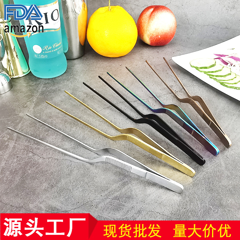 工厂现货 高档8寸不锈钢镊子尖头枪状装饰酒吧摆盘西餐厨师食物夹