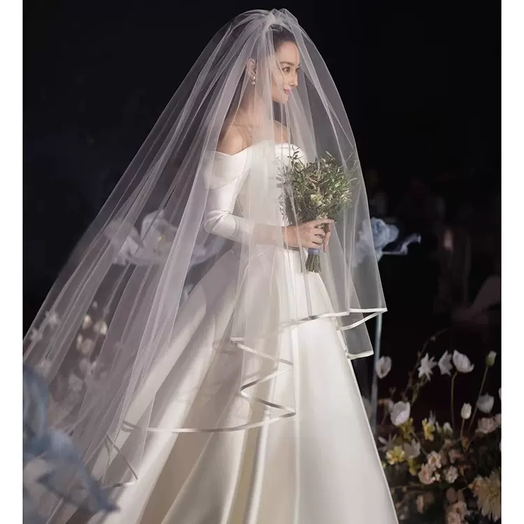 张馨予同款双层新娘婚纱头纱 韩式缎面包边简约大气长款拖尾头纱