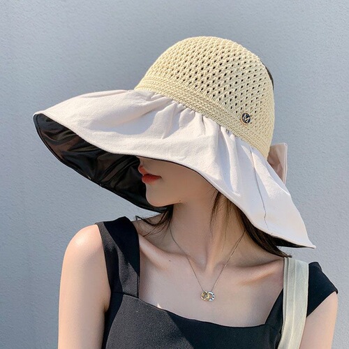 New Women's Summer Sun Hat, Large Brim Black Rubber Cap with Extended Visor for Face Protection, Open-Top Fisherman Hat